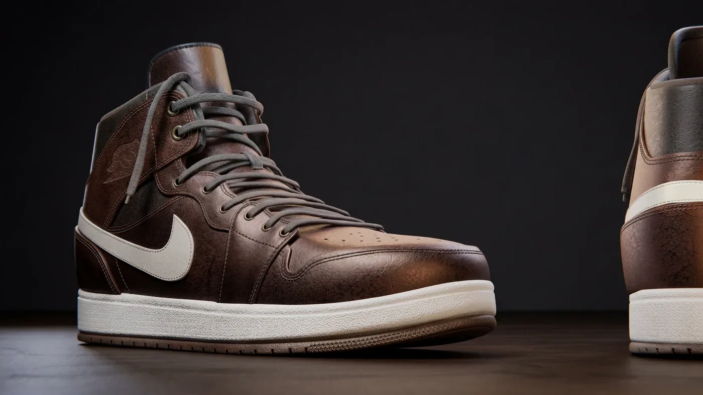 Sneaker montante en cuir brun et semelle blanche, vue de trois quarts sur fond sombre