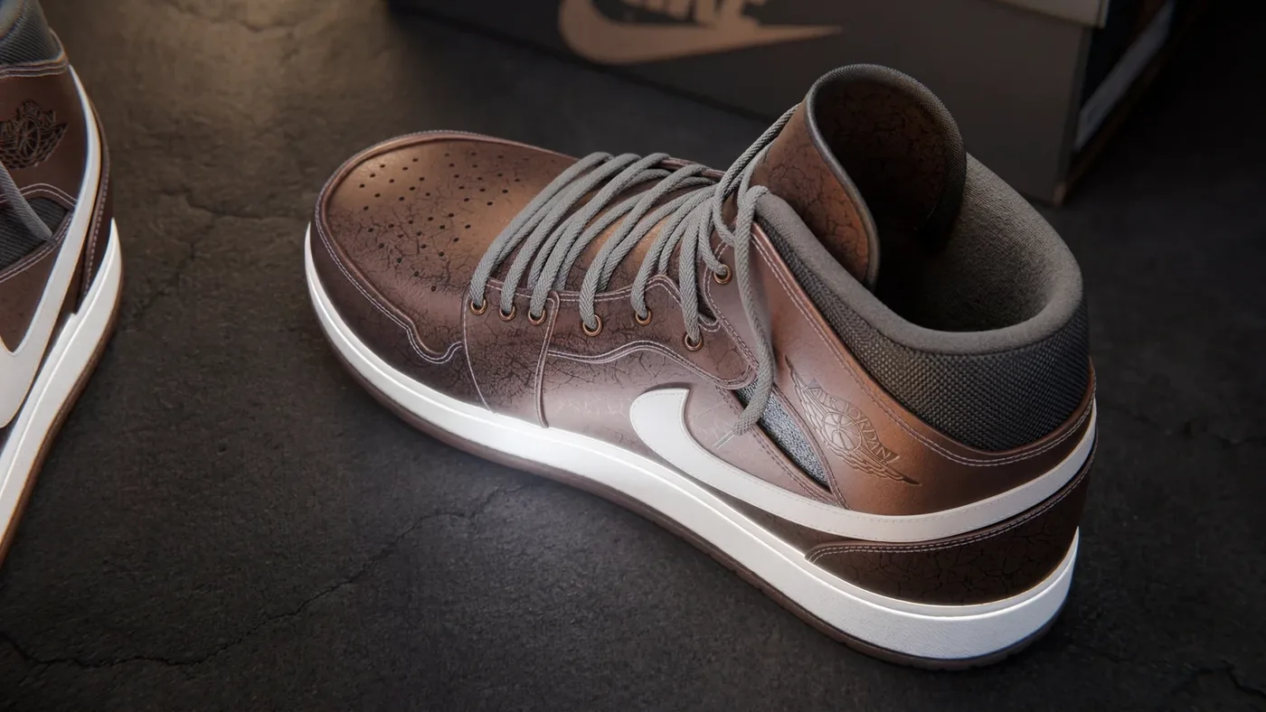 Sneaker montante en cuir patiné vue de dessus, posée sur un sol en béton fissuré
